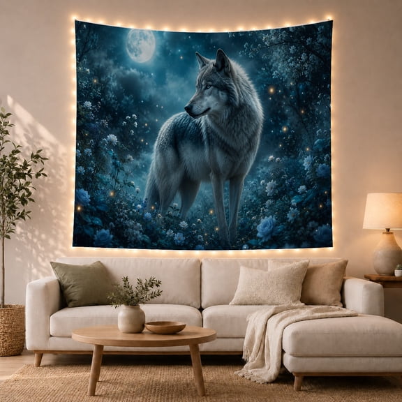 Grey Wolf Among Moonlit Blue Roses and Daisies, Serene Fantasy for Wildlife Lovers, Floral Forest Art, Housewarming Gift, Tapestry Wall Hanging for Bedroom and Den