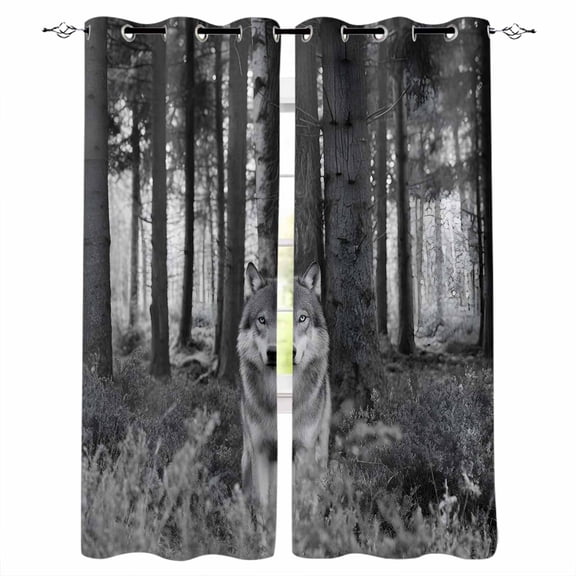 Grey Wolf Blackout Curtains for Bedroom Living Room Darkening Curtains 96 Inches Long Forest Animal Woodland Trail Window Curtain 2 Panels Set Insulated Window Treatment Grommet Drapes 52"x96"