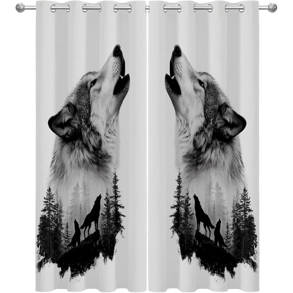 Grey Wolf Blackout Curtains, Rustic Cabin Wildlife Animal Window Drapes for Bedroom Living Room Kitchen, Thermal Insulated Grommet Curtains 26"W x 45"L (2 Pack)