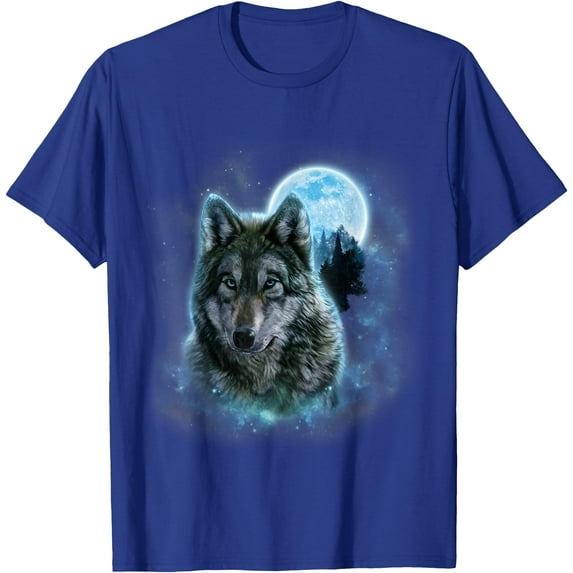 Grey Wolf Hunting Ground Icy Moon Forest Galaxy Unisex T-Shirt for Men Women Kids Toddler,Royal Blue Color,Size XL