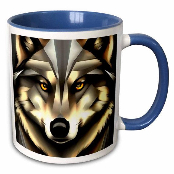 3drose, Grey Wolf in Geometric Art Style, 11oz Two-tone Blue Mug