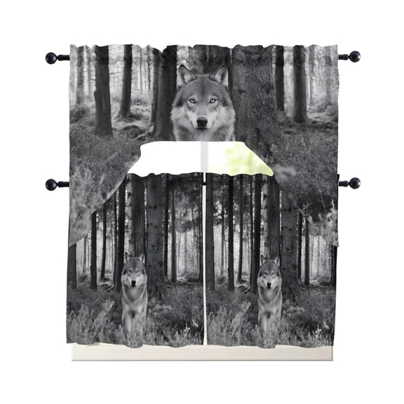 Grey Wolf Kitchen Curtains Set for Windows 3 Piece Cafe Curtains 24 Inch Length Swag Curtains Valances and Tier Set Forest Animal Woodland Trail Drapes for Bedroom Bathroom Living Room