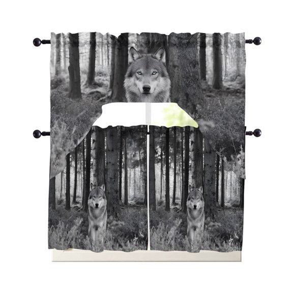 Grey Wolf Kitchen Curtains Set for Windows 3 Piece Cafe Curtains 36 Inch Length Swag Curtains Valances and Tier Set Forest Animal Woodland Trail Drapes for Bedroom Bathroom Living Room