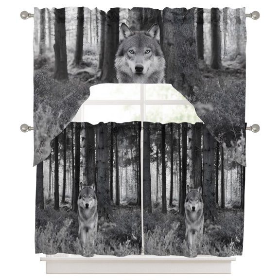 Grey Wolf Kitchen Curtains Swag Valance and Tier Curtains Set 36 Inch Length, Forest Animal Woodland Trail Rod Pocket Drape Panels Pair Swag Curtains for Bathroom/Cafe/Window