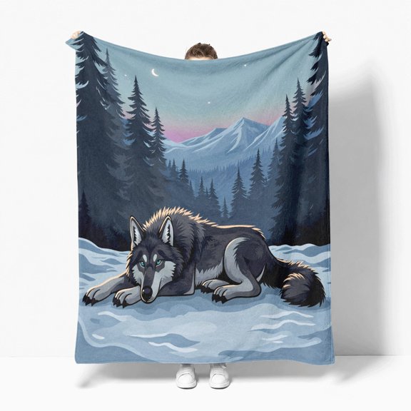 Grey Wolf Lying Snow Winter Forest Moon Flannel Fleece Throw Blanket, Soft Cozy Plush Lightweight Warm, All-Season Decorative Couch Sofa Bed Throw, Cozy Gift for Bedroom Living Room Office Travel