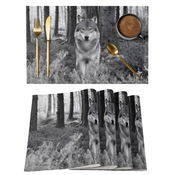 Grey Wolf Placemats Set of 4 Forest Animal Woodland Trail Place Mats Indoor Wipeable Table Mats Washable Cloth Dining Table Placemats for Kitchen Holiday Party Home Decor 13x19 Inch