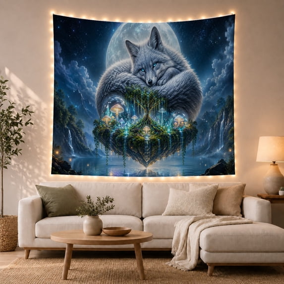 Grey Wolf Striking With Light Blue Eyes Curled, Mystical Fantasy for Space Lovers, Galaxy Room Decor, Thanksgiving Hostess Gift, Tapestry Wall Hanging for Bedroom and Dorm