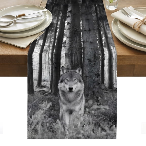 Grey Wolf Table Runner Forest Animal Woodland Trail Tablerunners 13 x 36 Inch, Table Decorations Tabletop Scarf for Summer Gathering Holiday Farmhouse Kitchen Dining Decor