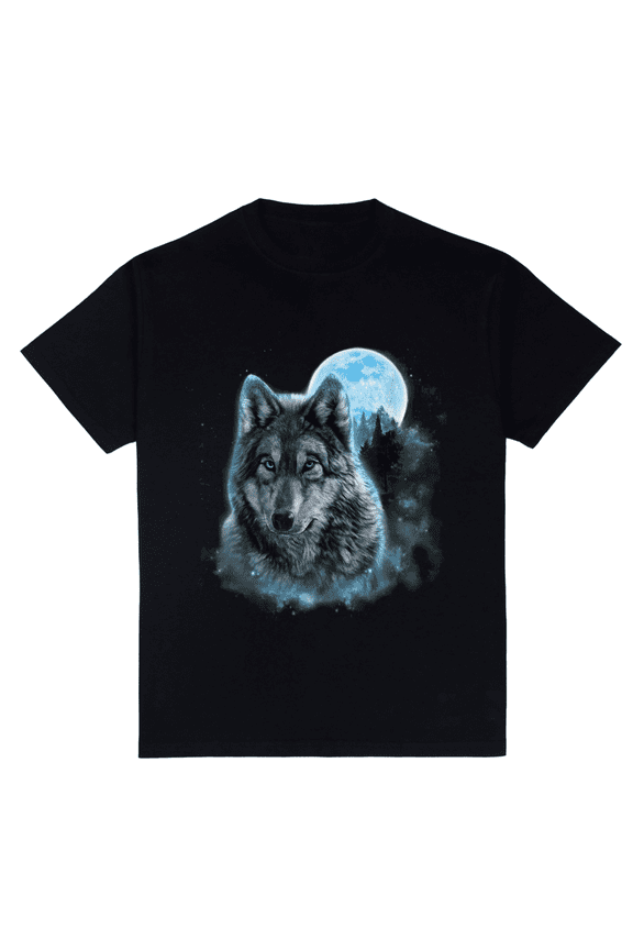 Grey Wolf Under Full Moon Forest Night Sky Wildlife Design T-Shirt