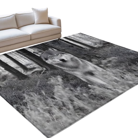 Grey Wolf Washable Rug 4x6 Area Rug for Living Room Bedroom Non Slip Indoor Floor Rectangle Carpet Soft Low Pile Large Forest Animal Woodland Trail Entryway Rugs for Dining Room Office Home