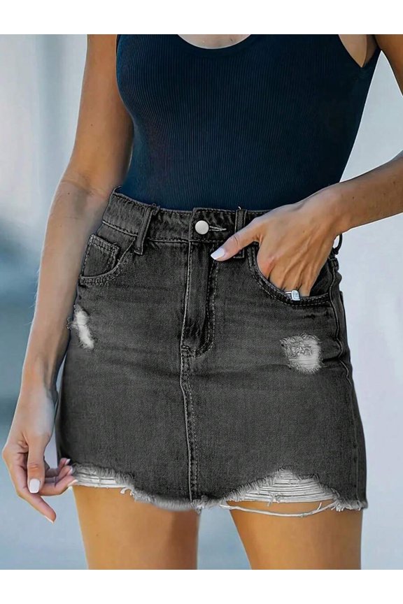 Grey Womens Ripped High Waist Denim Mini Skirt With Pockets, Casual Washed Style