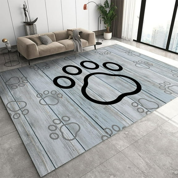 Grey Wood Board Texture Pattern Area Rug, Pet Paw Print Large Indoor Carpet, with Non-Slip Rubber Backing Machine Washable Rugs for Living Dining Dorm Room Bedroom Decor 2' x 3'