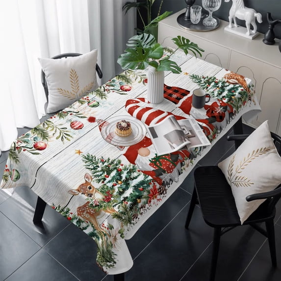 Grey Wood Christmas Table Cloth Waterproof Tablecloths, Gnomes Xmas Tree Poinsettia Eucalyptus Tablecloth Dining Table Cover for Kitchen Party Tabletop Outdoor, Rectangle Tablecloth 60x120 Inch