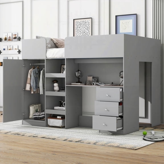 Grey Wood Full Size Loft Bed Featuring Built-in Wardrobe, Desk & Ample Storage