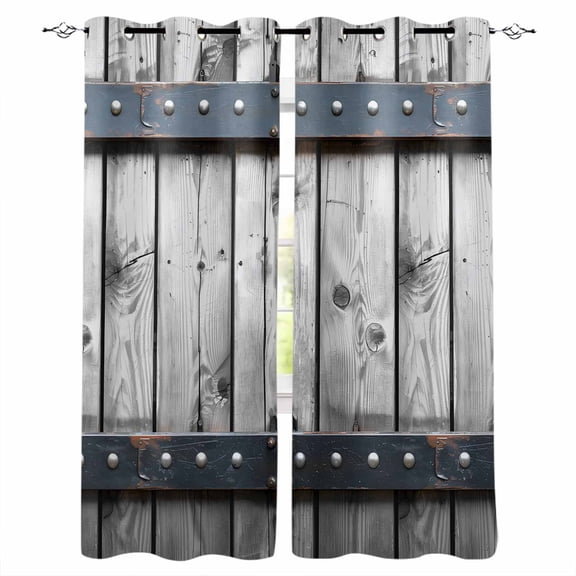 Grey Wood Grain Blackout Curtains 39 Inches Long, Country Vintage Barn Door Rustic Lodge Thermal Insulated Black Out Curtains, Short Darkening Window Curtain for Cafe Bedroom 27.5"x39" 2 Panels