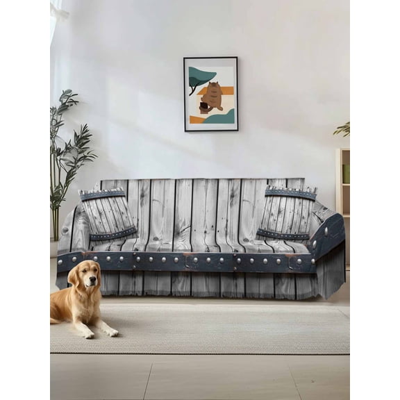 Grey Wood Grain Couch Cover, Country Vintage Barn Door Rustic Lodge Sofa Cover Blanket for Loveseat Couches, Sectional Sofa Slipcover Furniture Protector for Living Room Bedroom 71''x118''