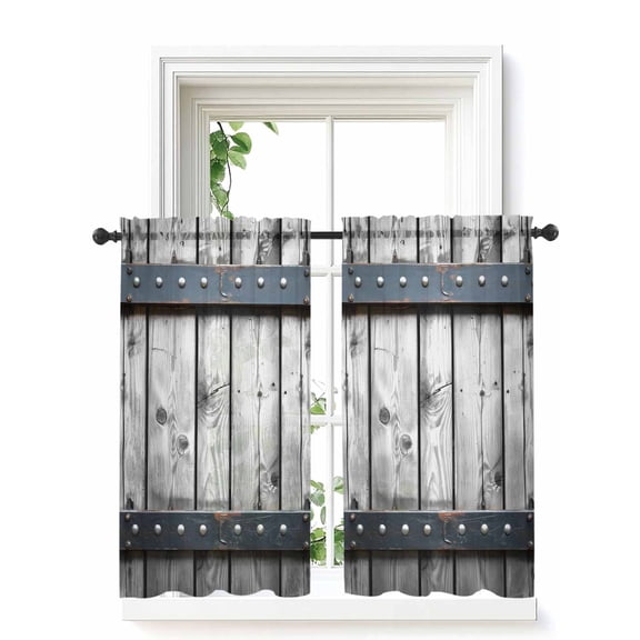 Grey Wood Grain Curtains 45 Inch Length,Sheer Curtains for Bedroom Living Room Window Country Vintage Barn Door Rustic Lodge Rod Pocket Drapes Kitchen Curtains Small Half Window 42"x45" 2 Panels