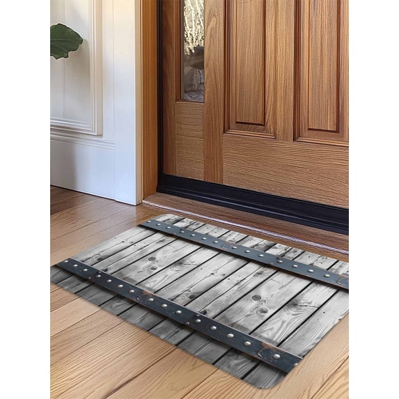 Grey Wood Grain Door Mat Indoor Outdoor Entrance, Non Slip Rug for Kitchen Bathroom Entryway Rug, Country Vintage Barn Door Rustic Lodge Washable Doormat Floor Mat for Office 20x31.5 Inch
