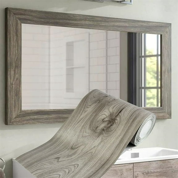 Grey Wood Grain Mirror Frame Sticker,Waterproof and Non-Slip Wallpaper Borders,Stick Wallpaper,for Cabinets Furniture Kitchen Bathroom Wall Decor