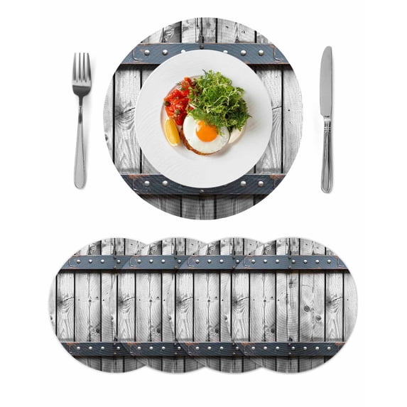Grey Wood Grain Round Placemats Set of 4 for Dinning Tables,Heat-proof Braided Table Mats 13 Inch,Country Vintage Barn Door Rustic Lodge Washable Place Mat for Kitchen Restaurant Party Table Decor