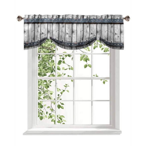 Grey Wood Grain Tie Up Valances Curtain, Retro Barn Door Kitchen Valances for Windows Decor, Rod Pocket Short Curtains Set for Bedroom/Bathroom, 42"x18"
