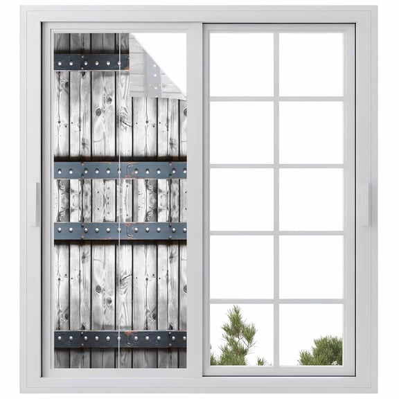 Grey Wood Grain Window Privacy Film, Country Vintage Barn Door Rustic Lodge Static Cling UV Sun Blocking Heat Control Window Tint Day and Night, Non-Adhesive One Way Windows Privacy Cover 23.6''x59''