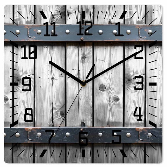 Grey Wood Grain Wooden Wall Clock Silent Non Ticking, Country Vintage Barn Door Rustic Lodge Square Wall Clocks Battery Operated, Decor Clock for Home Office, Living Room, Kitchen, 12 Inch