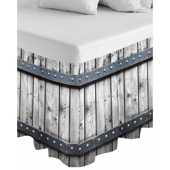 Grey Wood Grain Wrap Around Bed Skirts for King Bed 16" Drop,Bed Skirt with Adjustable Elastic Belt Dust Ruffle Bed Valance for Bedroom Hotel Country Vintage Barn Door Rustic Lodge Bed Frame Cover