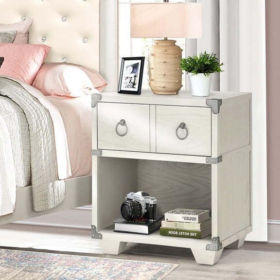 Grey Wood Nightstand With Double Pull- And Port For Bedroom 22.5 Inches Wide Space