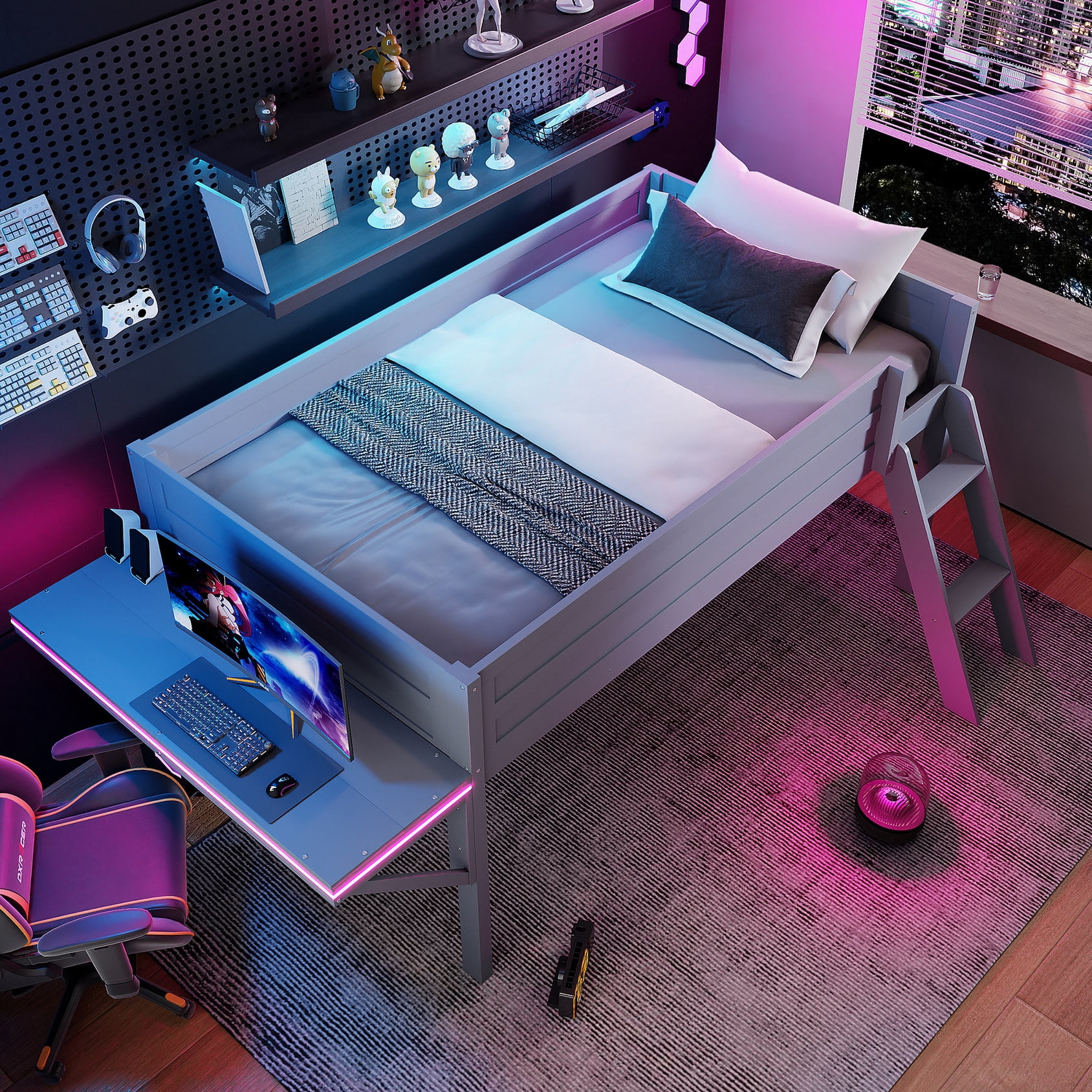 Grey Wood Twin Gaming Loft Bed with Desk and LED | Multiple LED Color ...