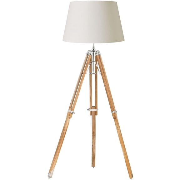 Grey Wood and Chrome Tripod Floor Standing Lamp
