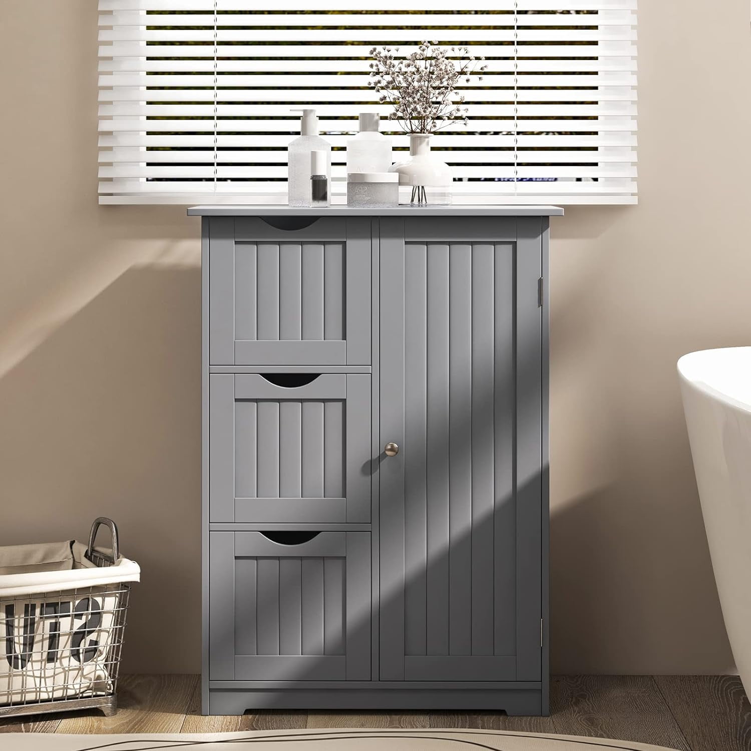 Grey Wooden Bathroom Floor Adjustable Shelf, 3 Drawers & 1 Door Freestanding Storage