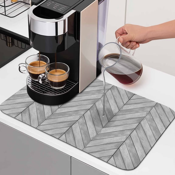 Grey Wooden Board Dish Drying Mats for Kitchen Counter, Farm Retro Art Grey Wood Plank Absorbent Coffee Bar Mat with Non-slip Rubber Backed Quick Drying Dish Rack Pad 12"x16"