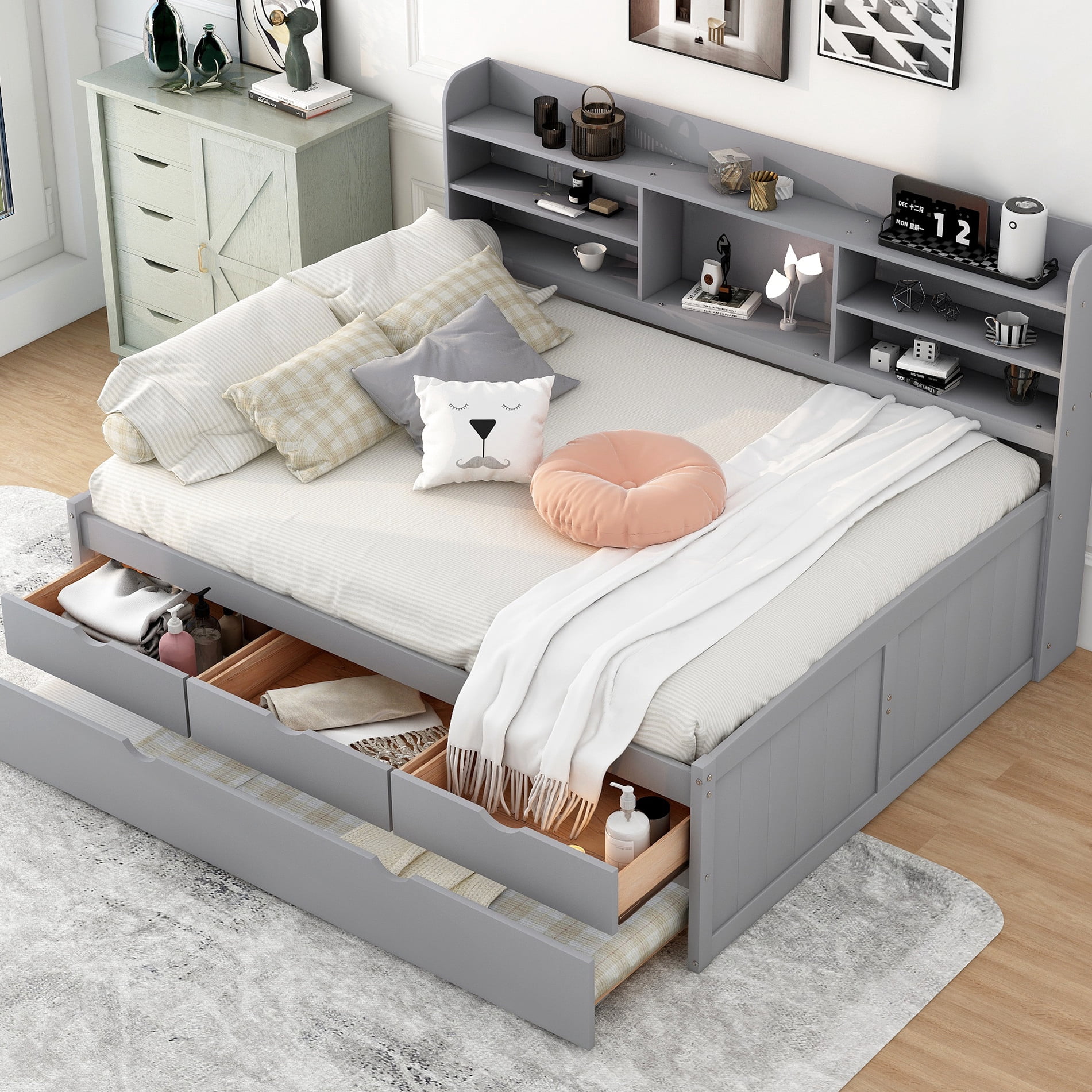 Grey Wooden Captain Bed With Three Drawers, Bookshelves And Trundle For ...