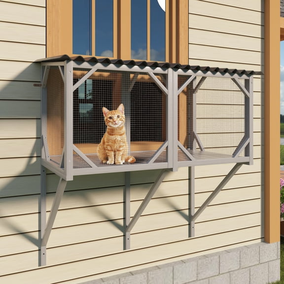 Grey Wooden Cat Catio Window Perch for Large Indoor Cats 55 Lbs Weight Capacity 3 Sided Mesh Multi Angle View Cat Hammock for Sunbathing Napping Overlooking