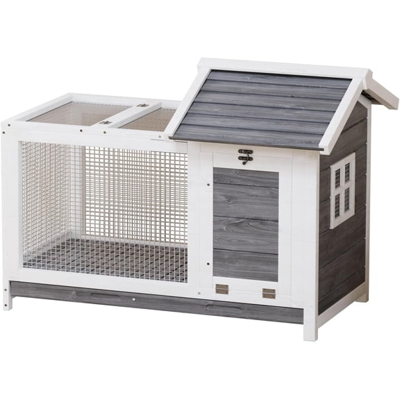 Grey Wooden Rabbit Hutch Indoor and Outdoor, Rabbit Cage with Removable Wire Netting, Weatherproof Bunny Cage with Anti-Chew Metal Frame Ramp for Small Animals
