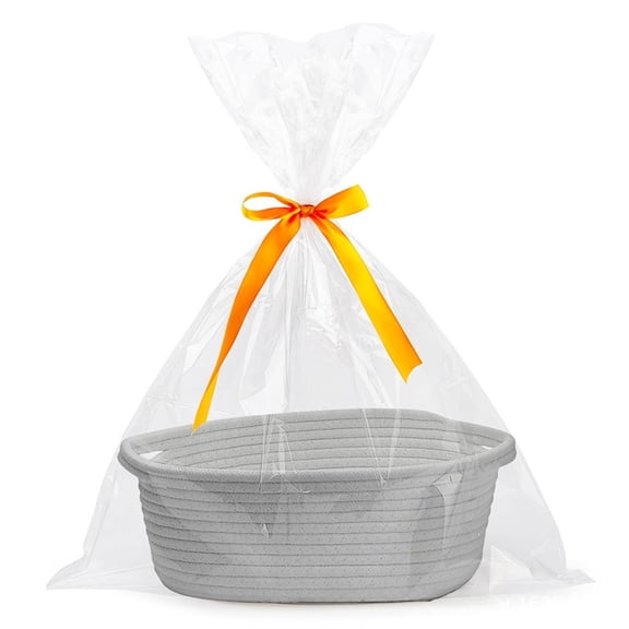 Grey Woven Storage Basket With Handle, Fabric Rope Organizer With Ribbon And Gift Bag For Shelf Wardrobe And Home Decor 11.8X7.9X4.7In 0.73Lb