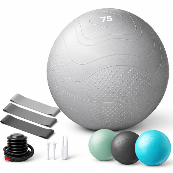 Grey XL (27-30IN / 68-75cm) Anti-Burst Slip-Resistant Exercise Ball with Resistance Bands for Home Gym & Core