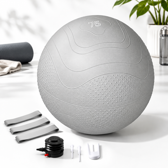 Grey XL (27-30IN / 68-75cm) Anti-Burst Slip-Resistant Exercise Ball with Resistance Bands for Home Gym