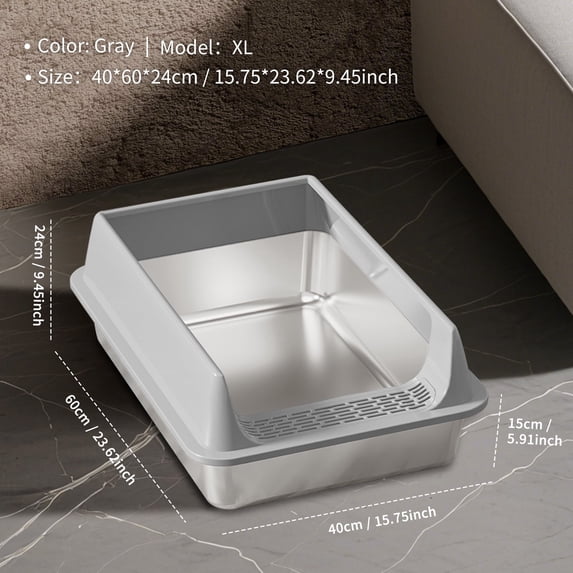 Grey XL15 Half Enclosed Stainless Steel Cat Litter Box 15cm Height Leak-Proof Litter Pan with Non-Slip ABS Base Anti-Scratch Non-Stick Easy Clean Odor Free Litter Box for All Cat Breeds