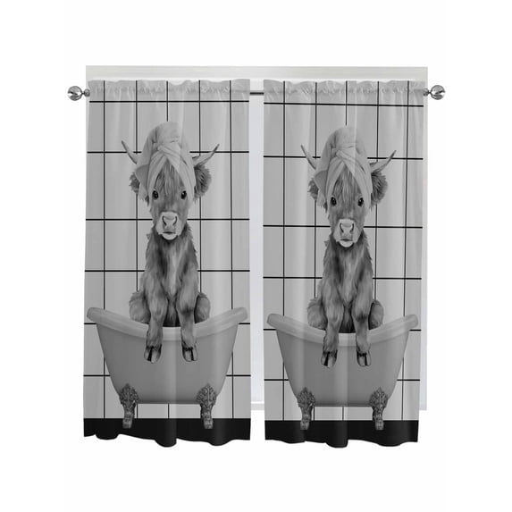 Grey Yak Bathroom Window Curtain, Bathtub Country Gray Vintage Art Light Filtering Coffee Kitchen Curtains, Bedroom Living Room Curtains 2 Panel 84"x63"