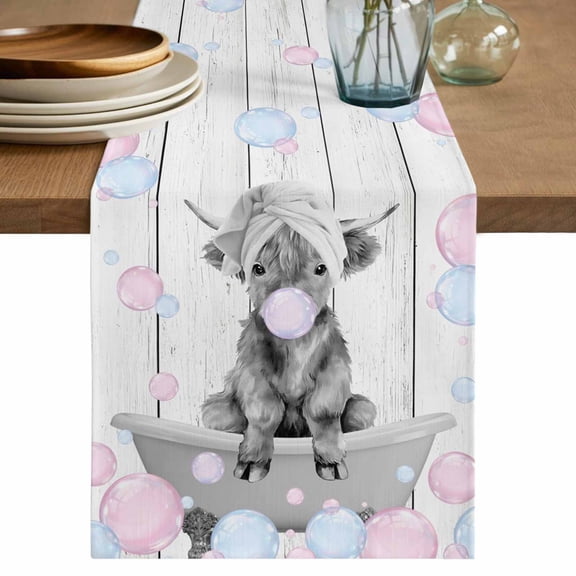 Grey Yak Table Runner 36 Inches, Pink Blue Bubbles Bathtub Vintage Wooden Bed Runner Dresser Scarves Tabletop for Indoor Outdoor Parties/Ceremony/Banquet, 13"x 36"