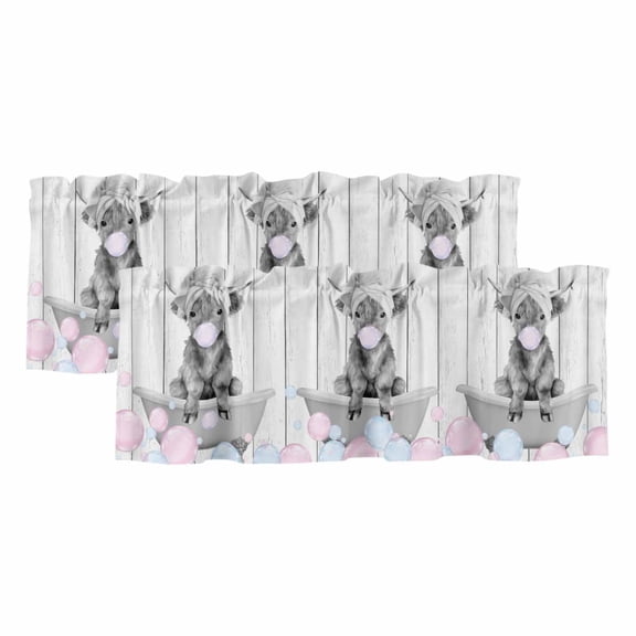 Grey Yak Valances for Windows, Pink Blue Bubbles Bathtub Vintage Wooden Light Filtering Kitchen Curtains, Rod Pocket Window Valance Curtains for Living Room Bedroom, 42" W x 12" L, 2 Panels
