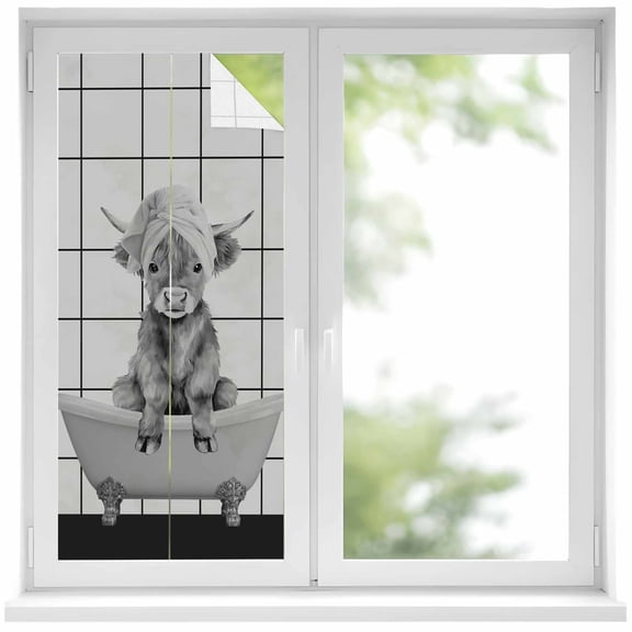 Grey Yak Window Privacy Film, Bathtub Country Gray Vintage Art Static Cling UV Sun Blocking Heat Control Window Tint Day and Night, Non-Adhesive Reusable One Way Windows Privacy Cover 17.7''x39.3''