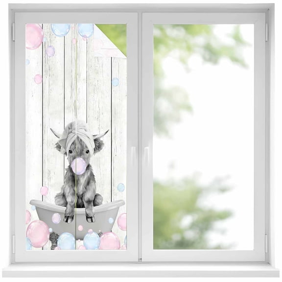 Grey Yak Window Privacy Film, Pink Blue Bubbles Bathtub Vintage Wooden Static Cling UV Sun Blocking Heat Control Window Tint Day and Night, Non-Adhesive One Way Windows Privacy Cover 19.6''x39.3''