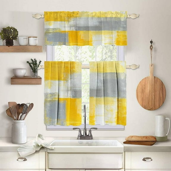 Grey and Yellow Abstract Art Kitchen Curtains and Valances Set 3 Piece Valances for Bedroom,Short Drape Tier Valances Window Treatment for Bathroom Living Room Dining Room