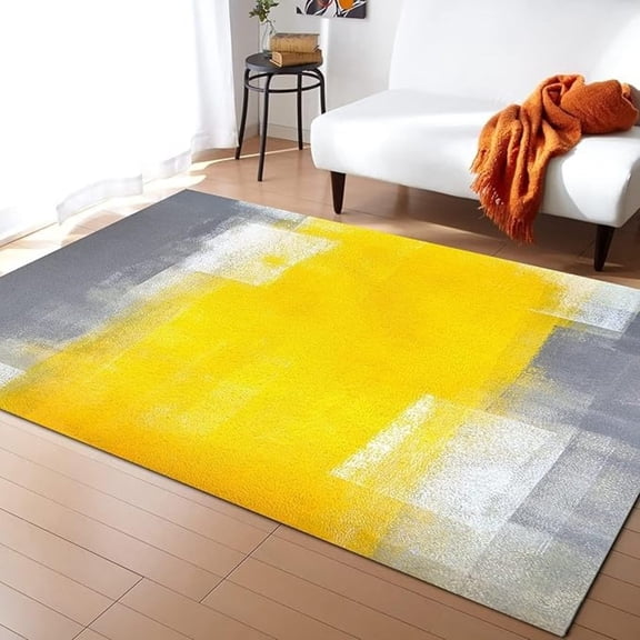 Grey And Yellow Abstract Art Textured Area Rugs, Yellow Paint Graffiti Print Large Rug, Easy Clean Carpet Washable Indoor Non-Slip Rug For Boys And Girls Nursery Bed Living Room 1x2ft