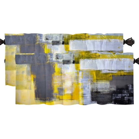 Grey and Yellow Abstract Kitchen Curtains Valances,Semi-Decorative Curtains,Used for Bathroom,Living Room and Dining Room Theme Decoration,Curtain Hanging Cloth,52X18 Inches 2 Pack