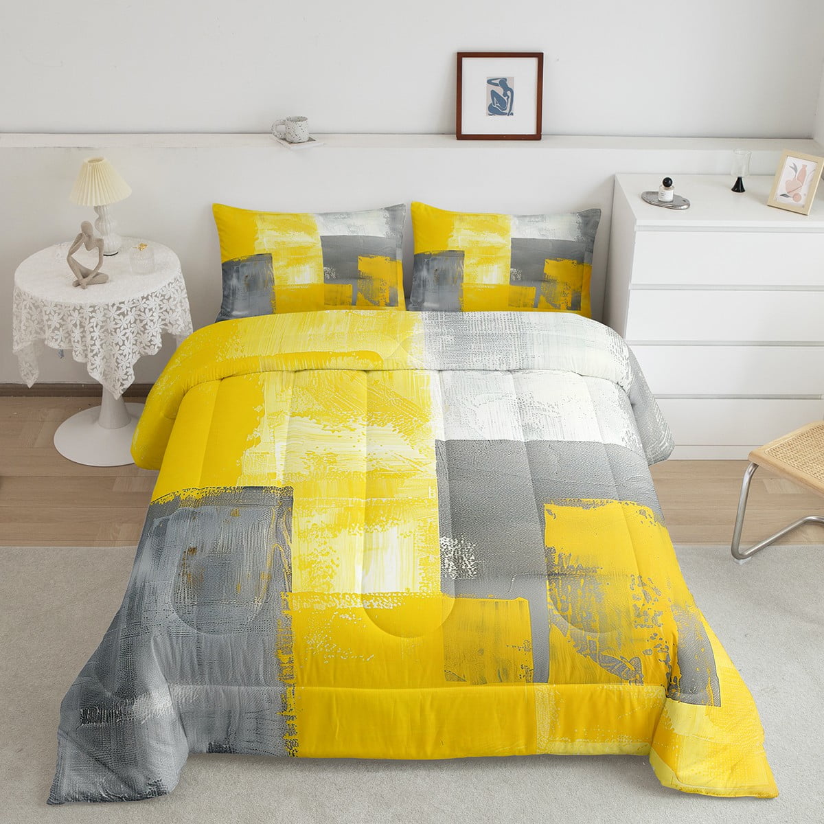 Grey Yellow Aesthetic Bedding Full Size Retro Grunge Comforter Set for Kids Girls Boys, Tie Dyed Duvet Insert Contemporary Abstract Quilt Set, Watercolor Ombre Gradient Bedding Comforters & Sets