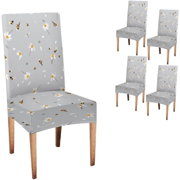 Grey and Yellow Art Fundas De Sillas De Comedor 4 Pack Soft and Gentle Pretty Floral Print Blowing in The Wind with Bumble Super Fit Stretch Removable Washable Short Dining Chair Protector